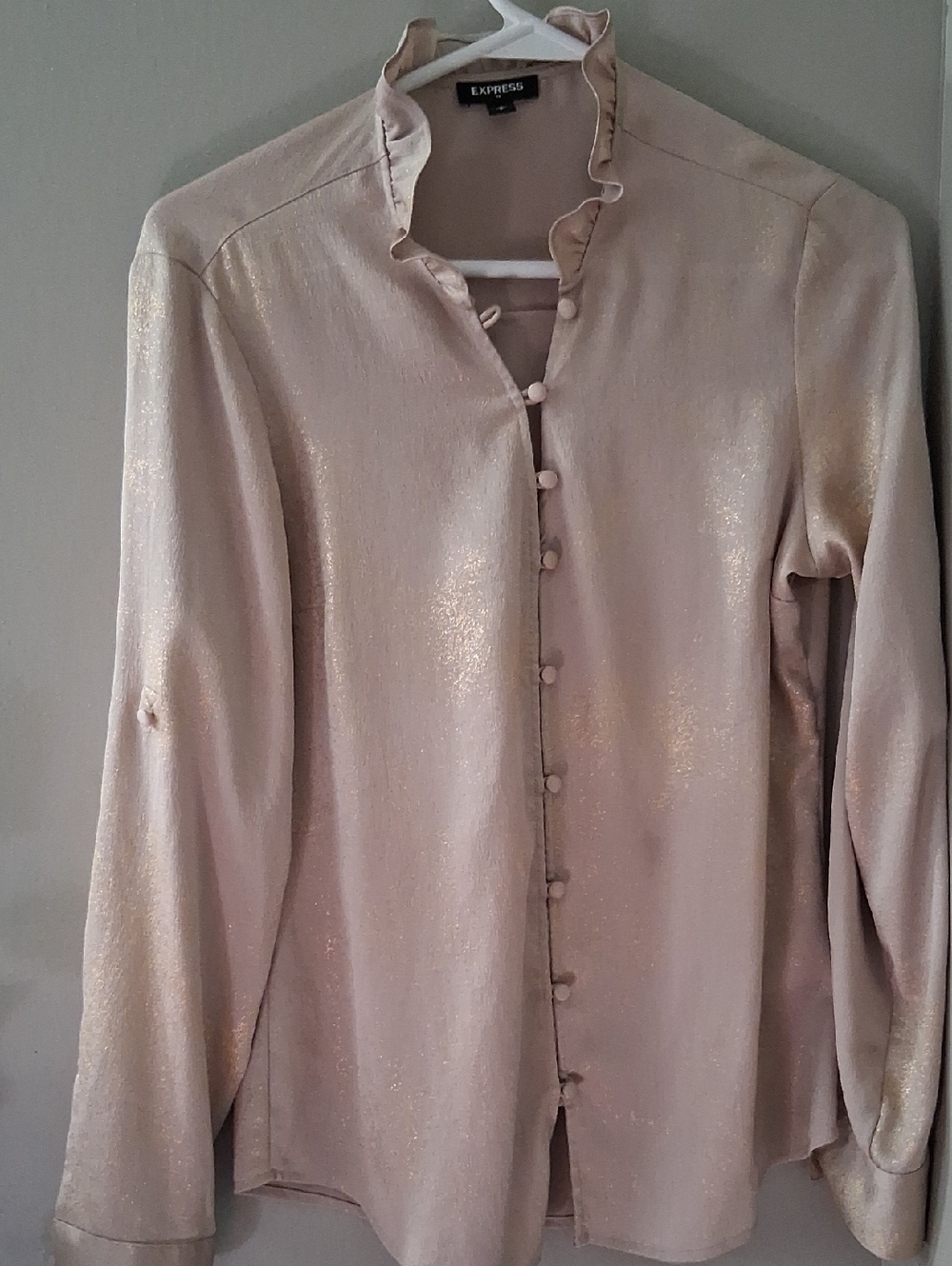 Express Shimmery Blush Button-Front Ruffle Collar Blouse